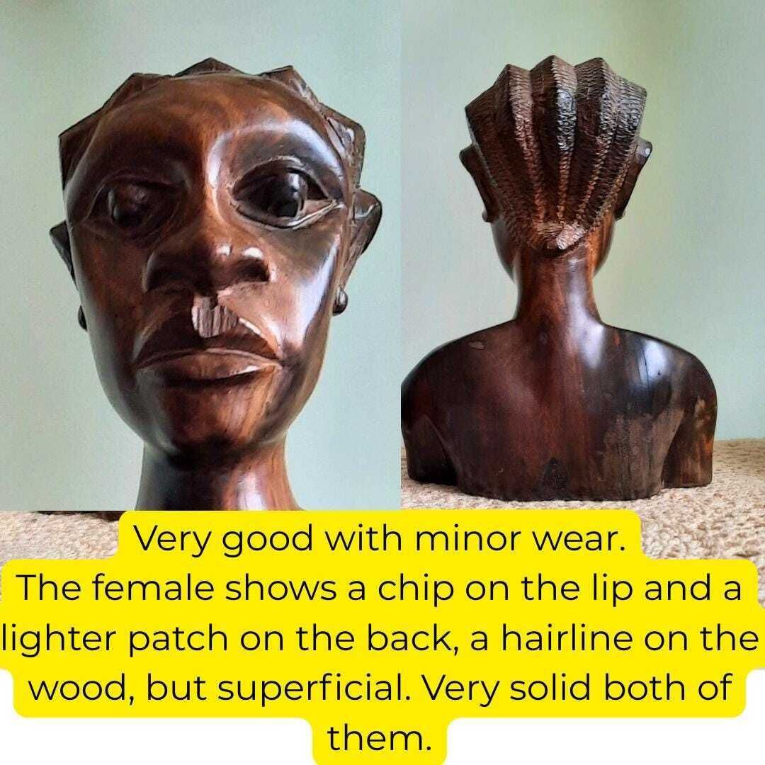 Mid Century African Marbled Wood Hand Carved Figural Bust Of A Male And Female Statue Bookends photo vinterior