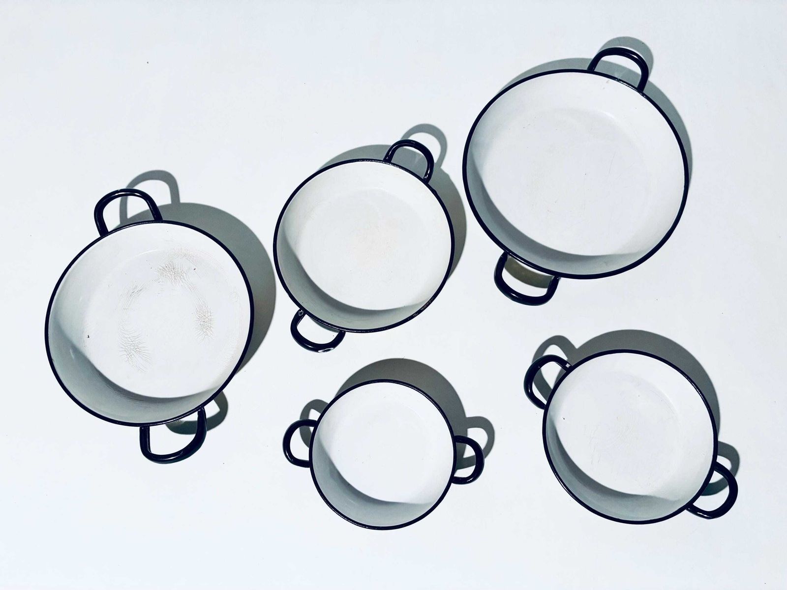 photo for sale Five B.B.C. Badon Boutte & Cie Vintage Margaritta Daisy Enamel Cooking Pots Stews Set / French Kitchenware Decor