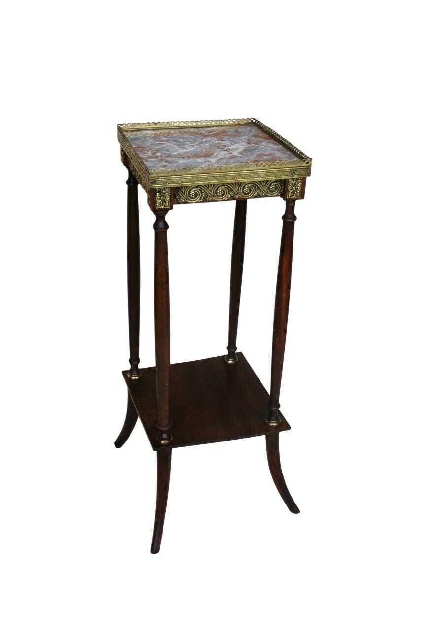 Antique French Plant Stand, Marble Top & Brass Decoration, Empire Jardiniere, Torchere, Wine Table photo for sale
