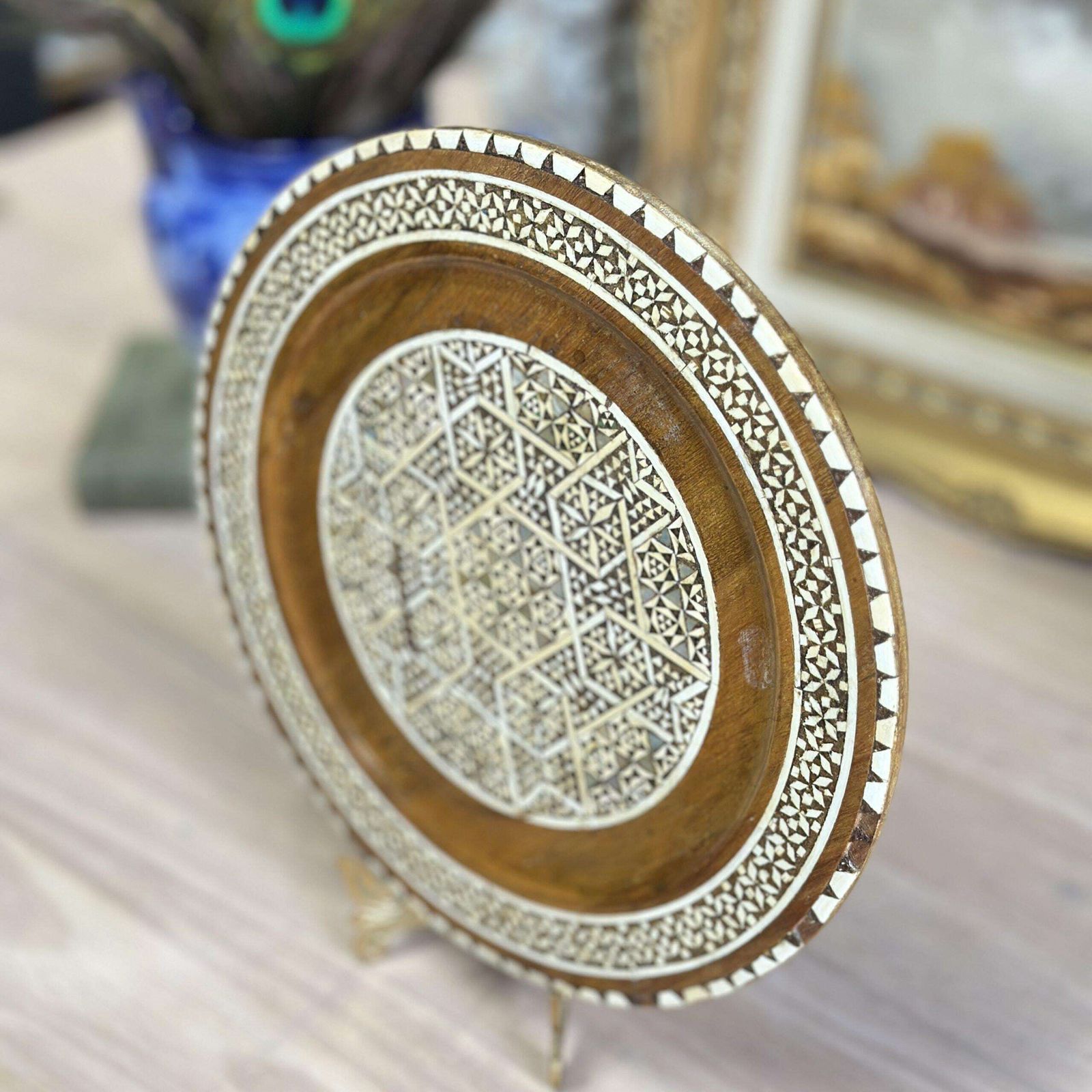Egyptian Islamic Mother Of Pearl Inlaid Wooden Decorative Plate Wall Hanging photo for sale
