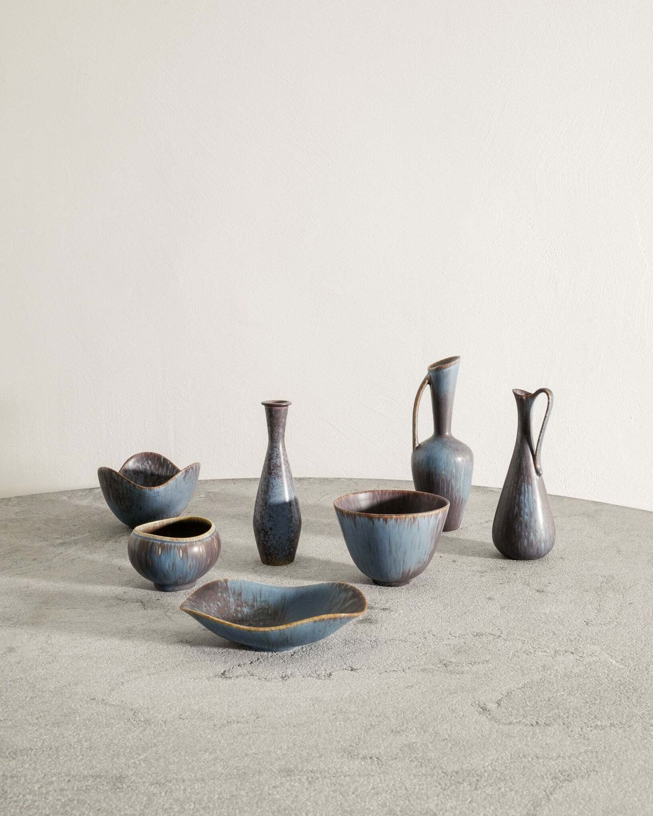 Set Of Seven Gunnar Nylund Blue Brown Swedish Mid Century Ceramic Vases For Rörstrand Sweden, 1950s