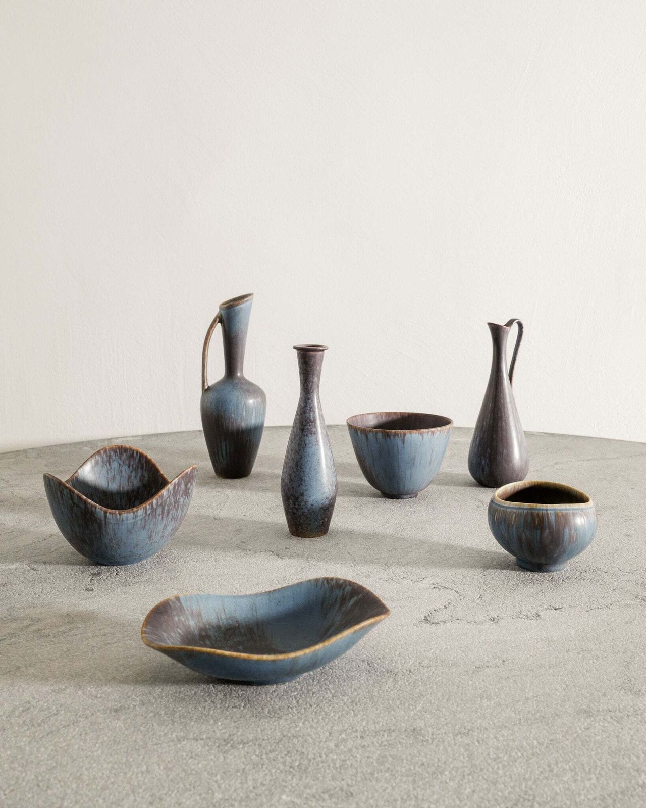Set Of Seven Gunnar Nylund Blue Brown Swedish Mid Century Ceramic Vases For Rörstrand Sweden, 1950s photo furniture