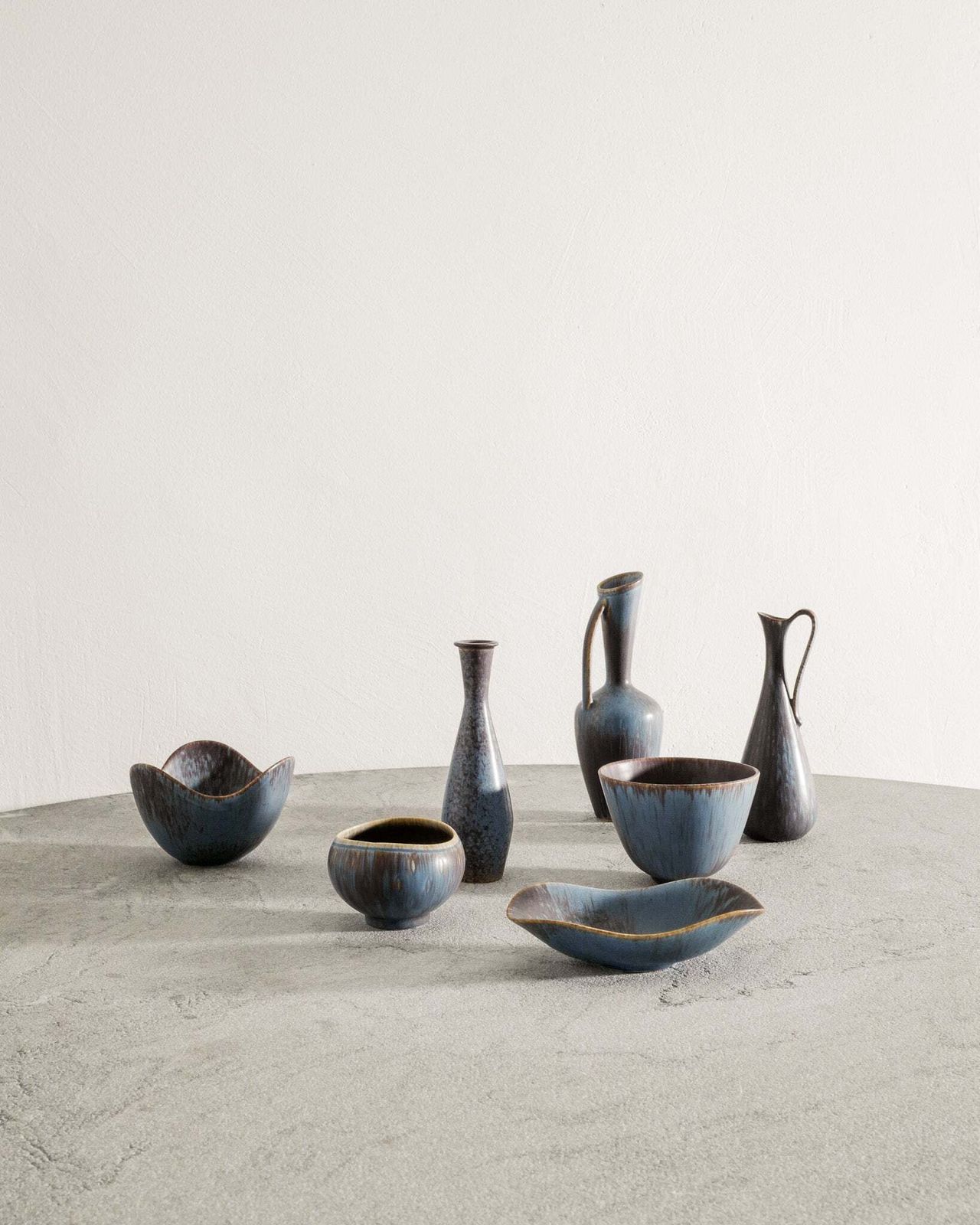 Set Of Seven Gunnar Nylund Blue Brown Swedish Mid Century Ceramic Vases For Rörstrand Sweden, 1950s photo vinterior