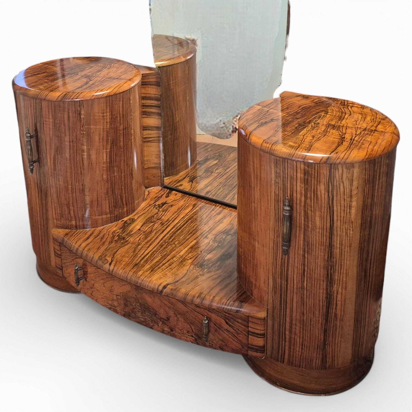 Shrager Art Deco Burr Walnut Dressing Table Vanity With Mirror & Side Cabinets photo vinterior