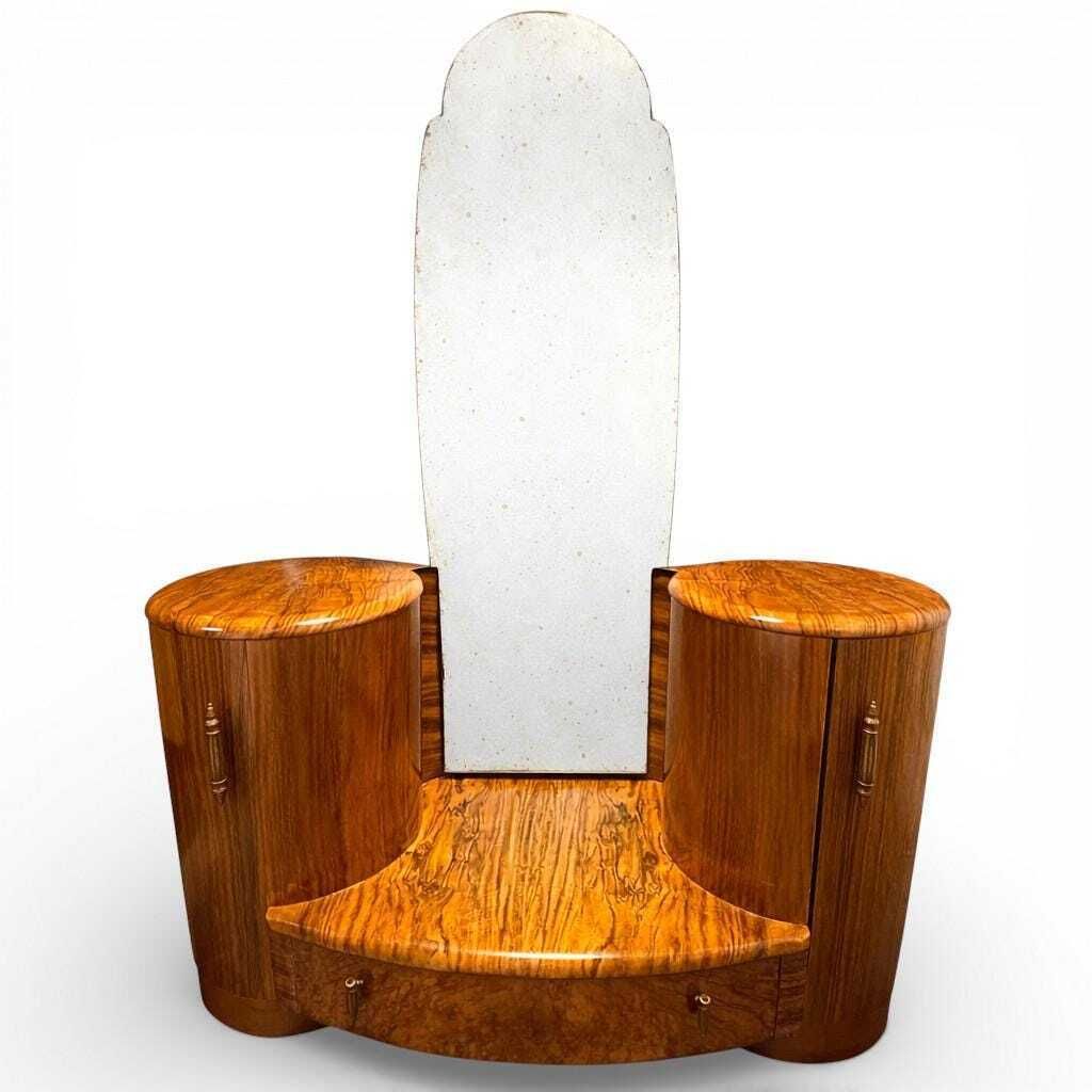 photo furniture Shrager Art Deco Burr Walnut Dressing Table Vanity With Mirror & Side Cabinets