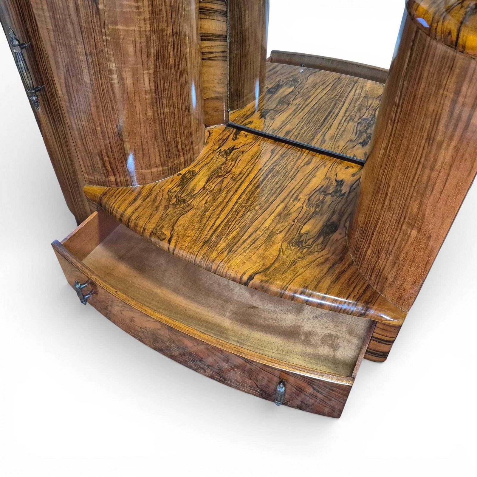 photo vinterior Shrager Art Deco Burr Walnut Dressing Table Vanity With Mirror & Side Cabinets
