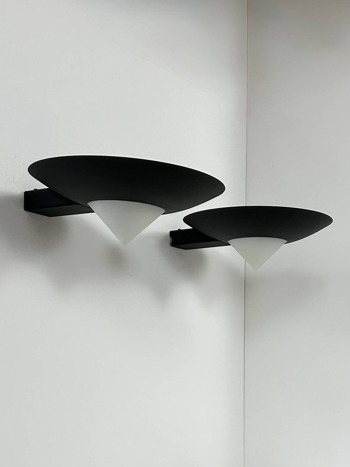 Pair Of Vintage Wall Lights, Matte Black Metal And Opaline, France, 1980. photo Lighting