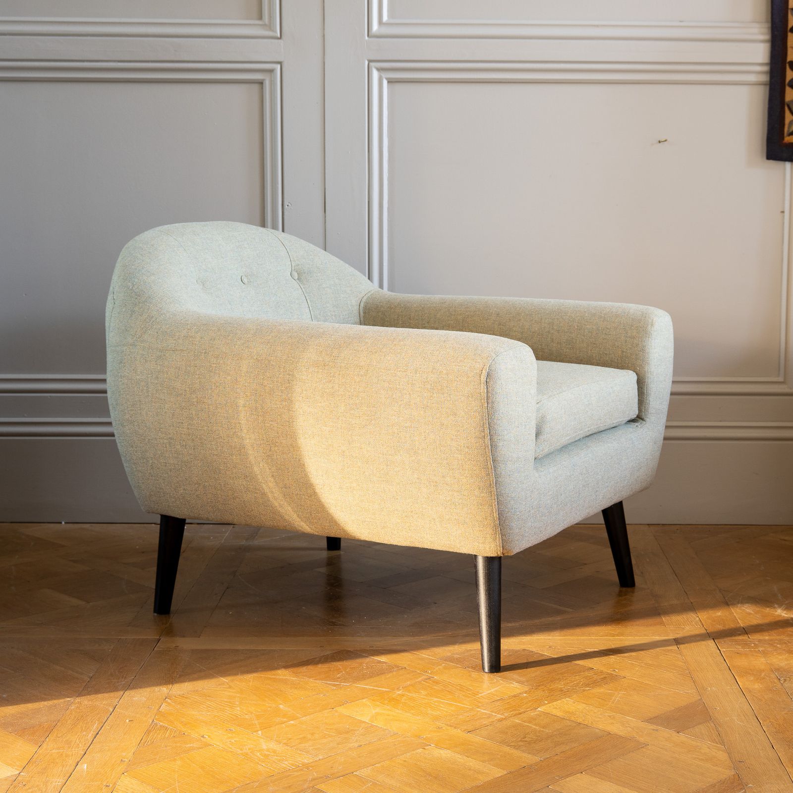 Bespoke Handcrafted Mid Century Lounge Chair In Sage Green photo vinterior
