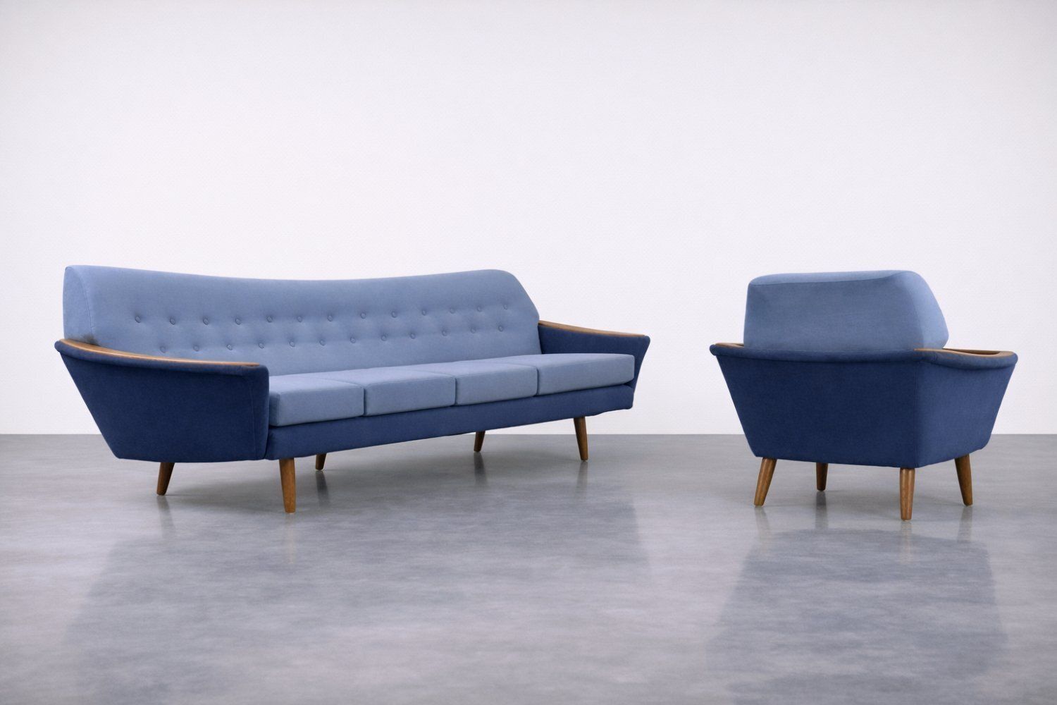 Furniture Mid Century Scandinavian Modern Blue Velvet Living Room Set From Holm Fabriker Ab, 1960s, Set Of 2 photo