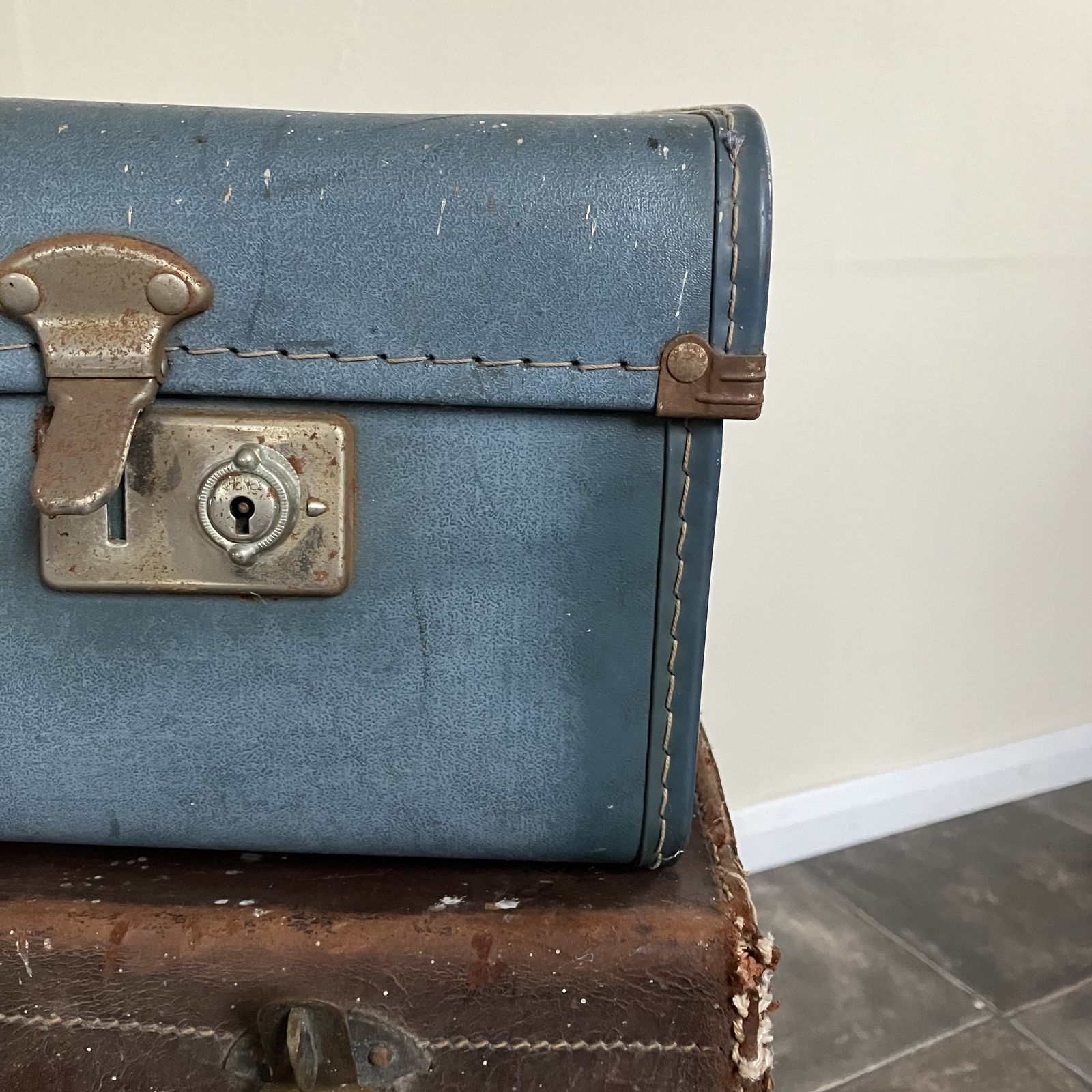 photo furniture Collection Of Old Luggage To Include Revelation Suitcase, Brown Leather And Blue Leather Suitcases; Shop Display, Props