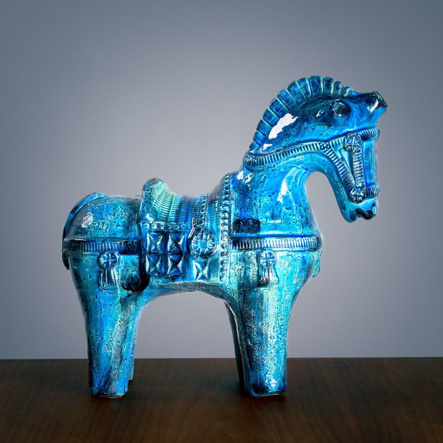 Bitossi Rimini Blue Horse Sculpture By Aldo Londi, Italy, Signed photo furniture