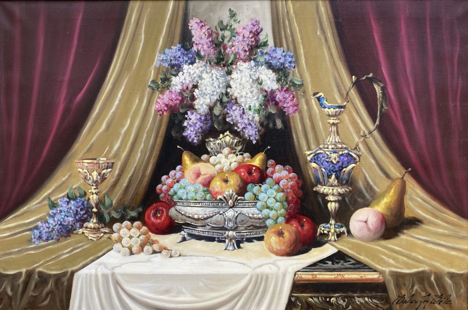 Bela Balogh (Hungarian 1909 1980) Large Stunning Still Life Banquet Oil Painting photo furniture