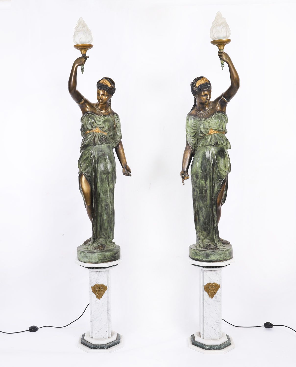 Antique Pair Large 7ft Bronze Libertas Figural Torcheres Lamps F. De Luca C1910