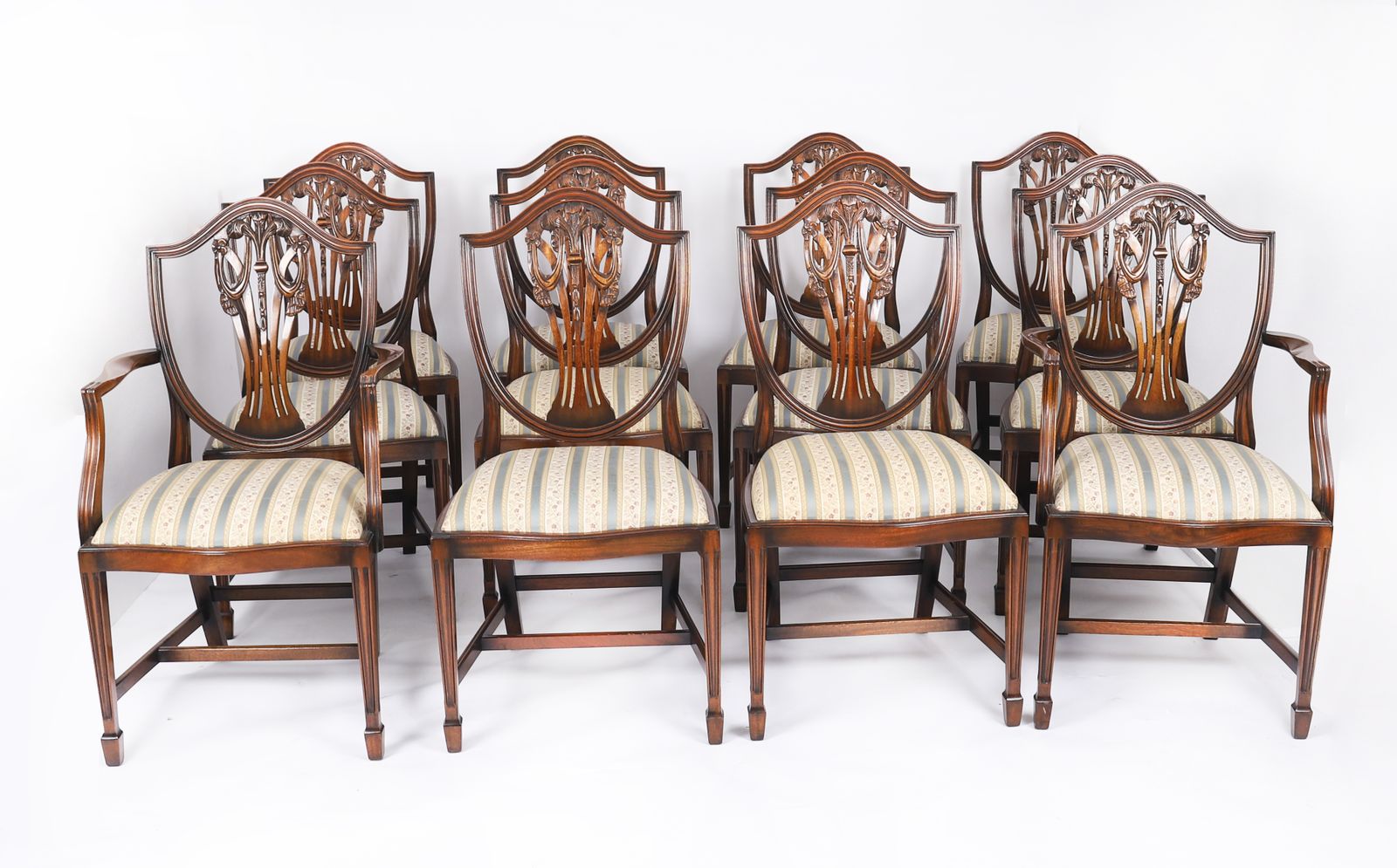 Vintage Set 12 English Harrods Shield Back Dining Chairs Mid 20th Century