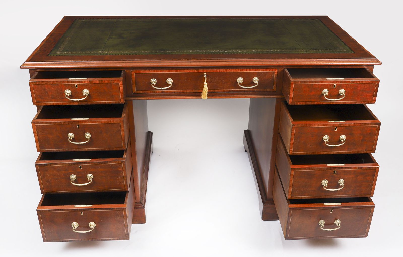 3050.0 Victorian Crossbanded & Inlaid Flame Mahogany Pedestal Desk  19th C photo
