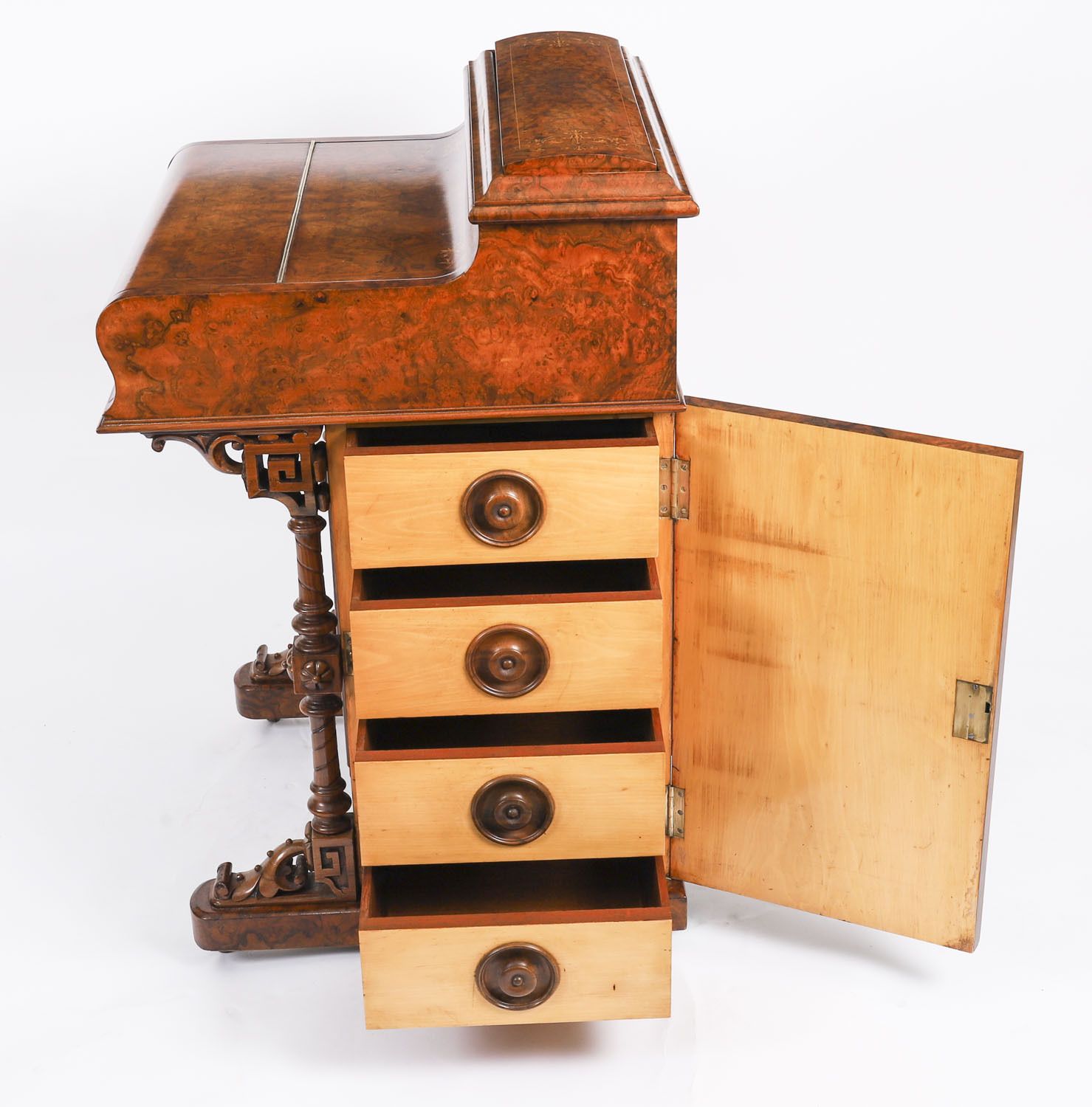 photo vintage Victorian Burr Walnut  & Inlaid Pop Up Davenport Desk  19th C