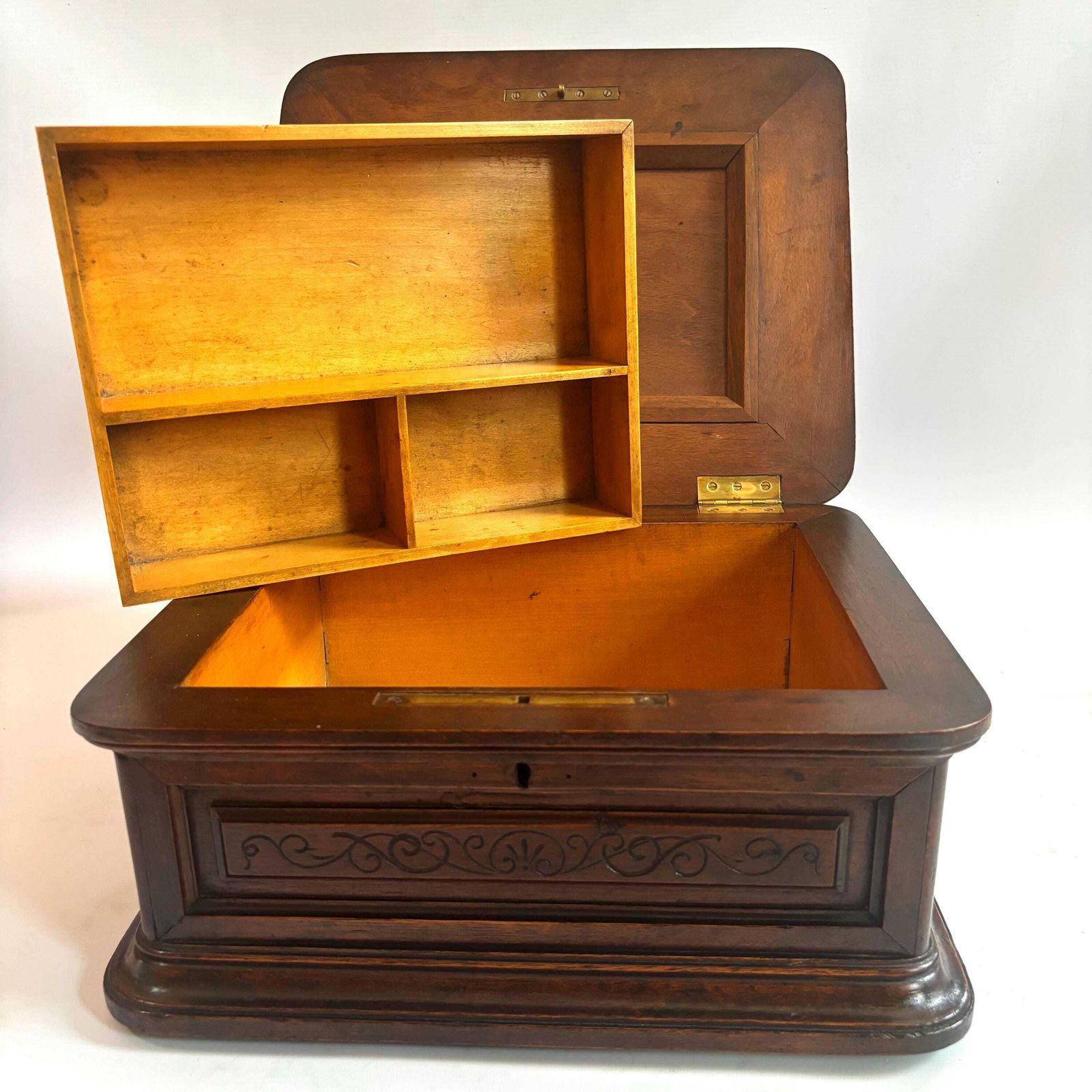 Antique Walnut Jewelry Box: Hand Carved French Keepsake, Fruitwood Tray Organiser photo for sale
