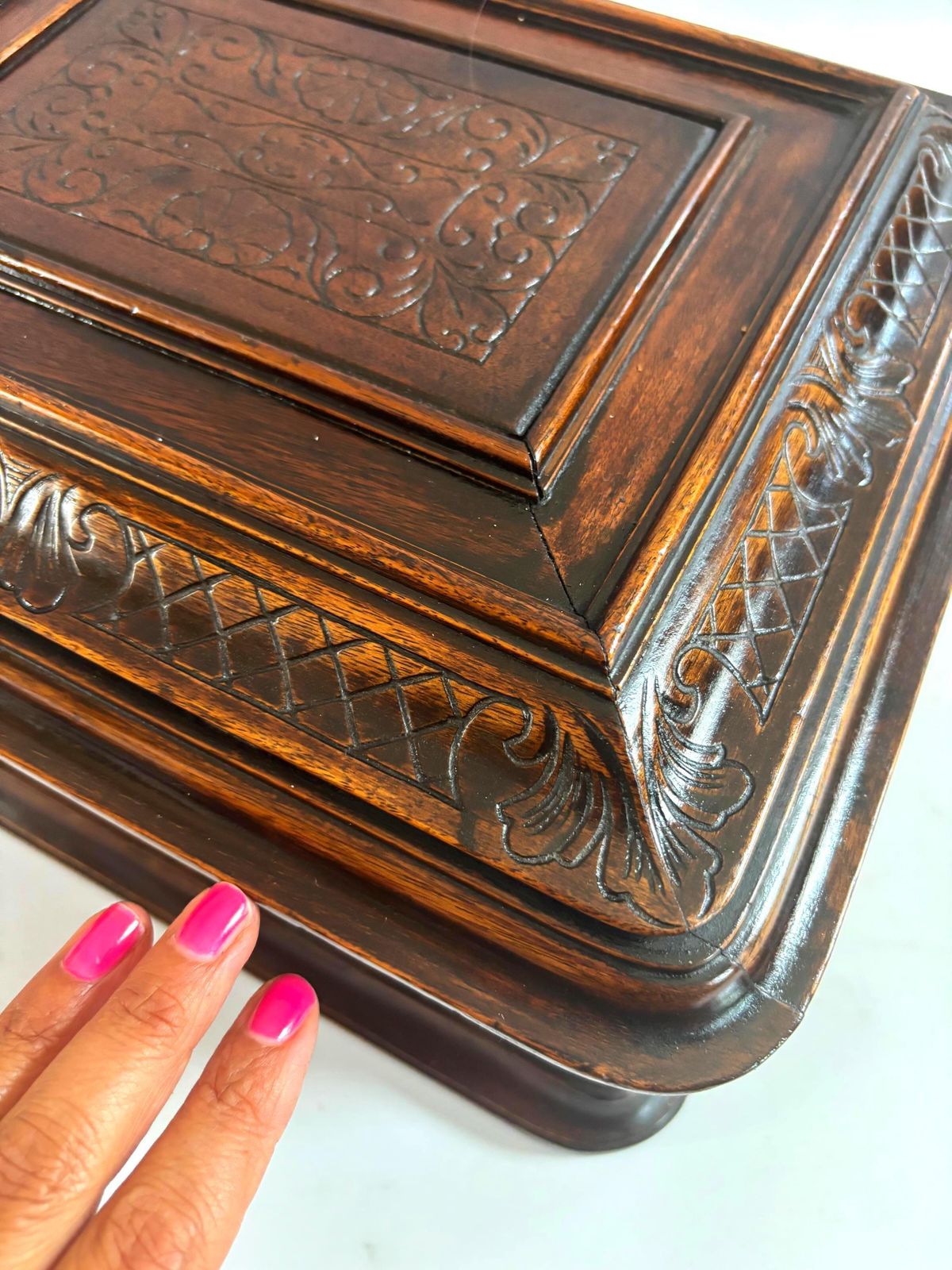 photo furniture Antique Walnut Jewelry Box: Hand Carved French Keepsake, Fruitwood Tray Organiser