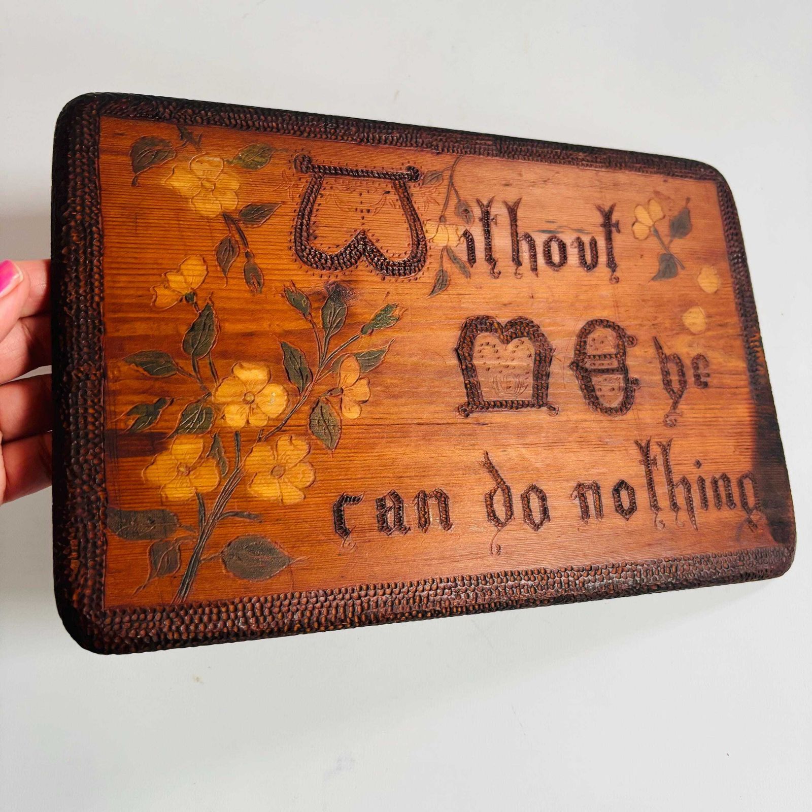 Rare Antique 1903 Pyrography Wood Art: 'Without Me' Folk Picture