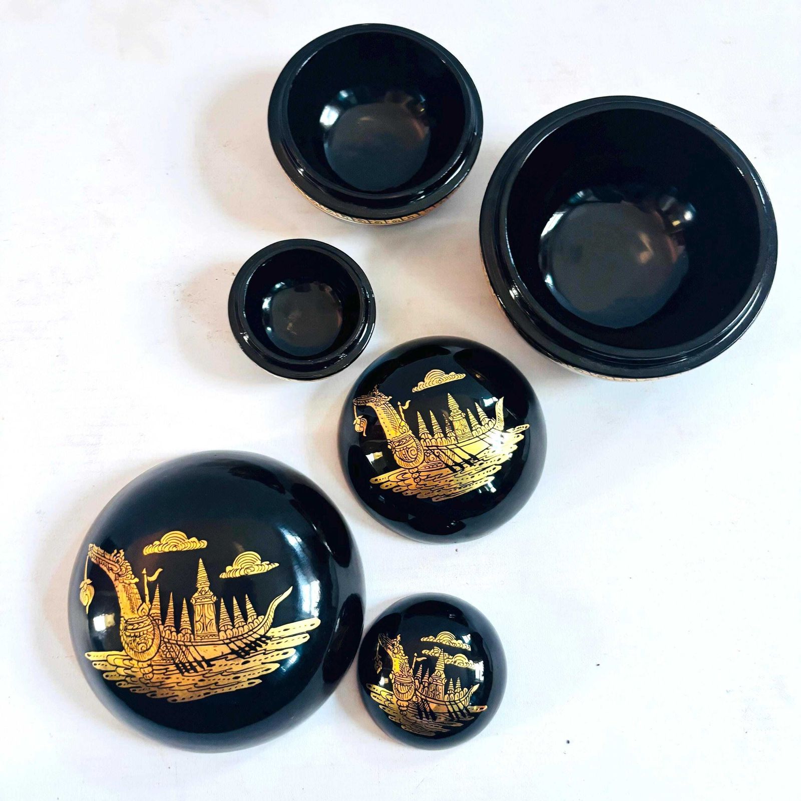 Vintage Burmese Lacquer Nesting Boxes | Gold Boat Motif, Myanmar Art