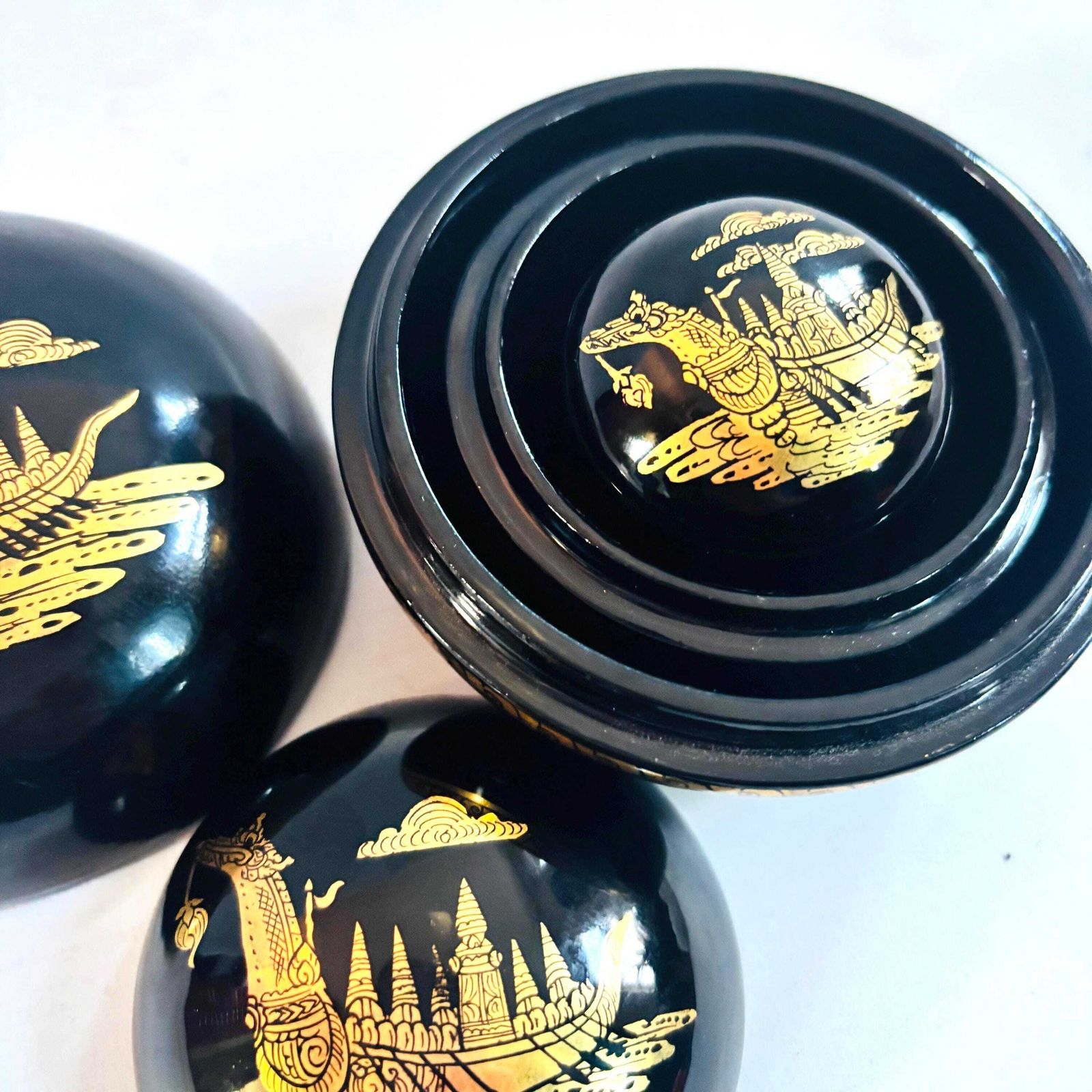 Vintage Burmese Lacquer Nesting Boxes | Gold Boat Motif, Myanmar Art photo for sale