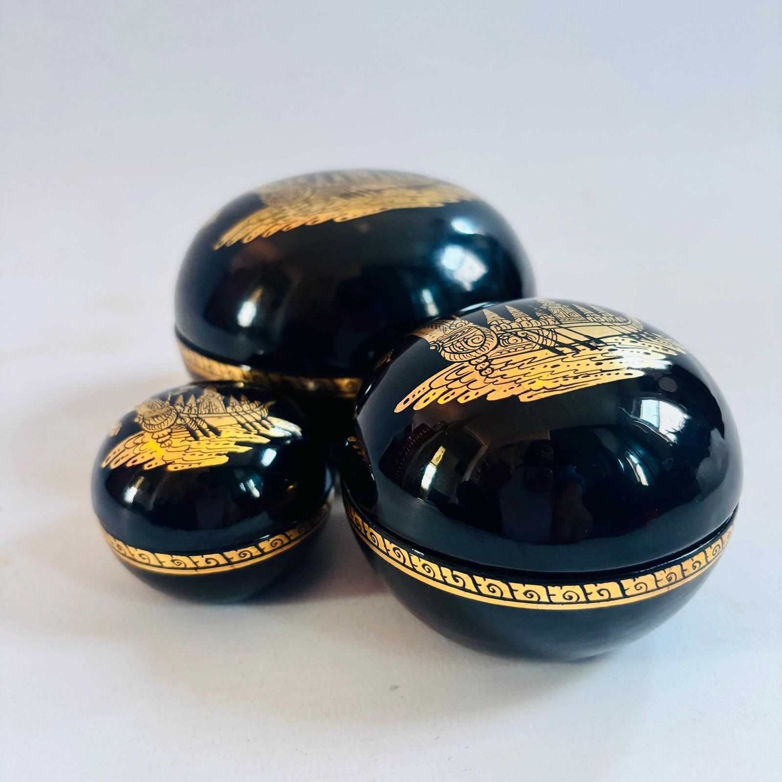Vintage Burmese Lacquer Nesting Boxes | Gold Boat Motif, Myanmar Art photo vintage