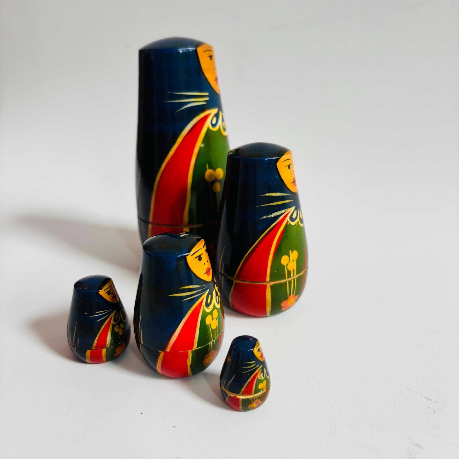 Mid Century Russian Nesting Dolls, Set Of 5 Hand Painted Matryoshka photo furniture