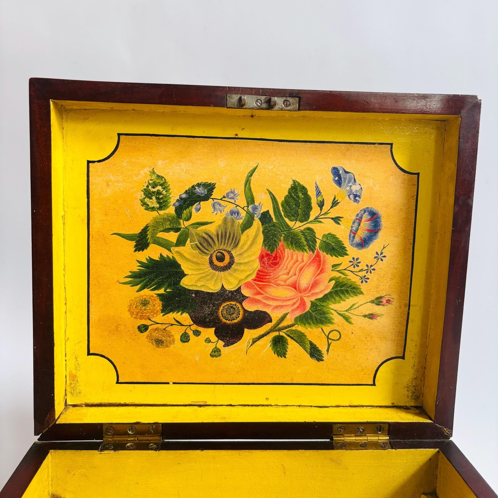 Antique Rosewood Keepsake Box: Folk Floral Painting, Mother Of Pearl Inlay photo buy