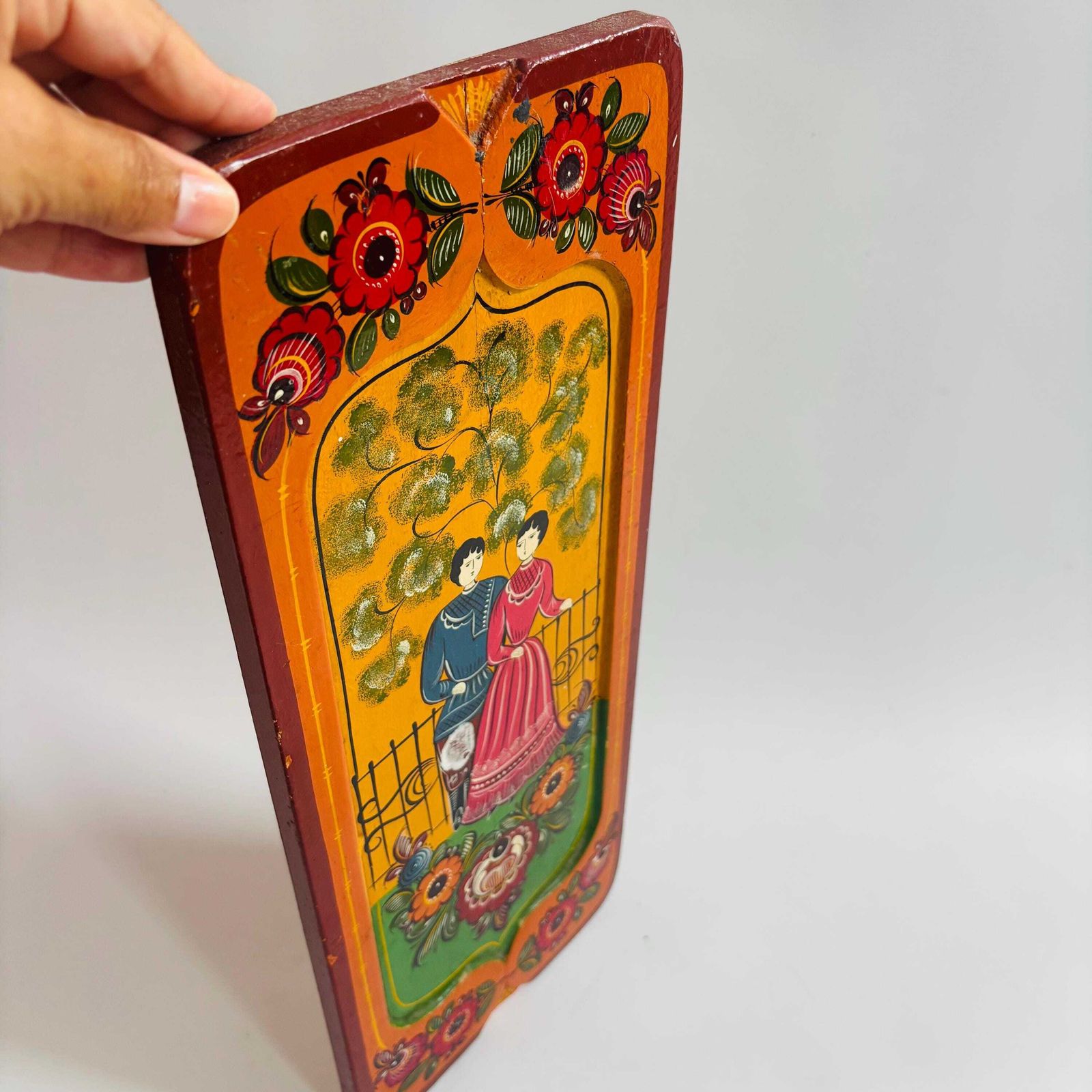 1960s Russian Folk Art Painting, Mid Century Naive Couple, Vibrant Colors photo furniture