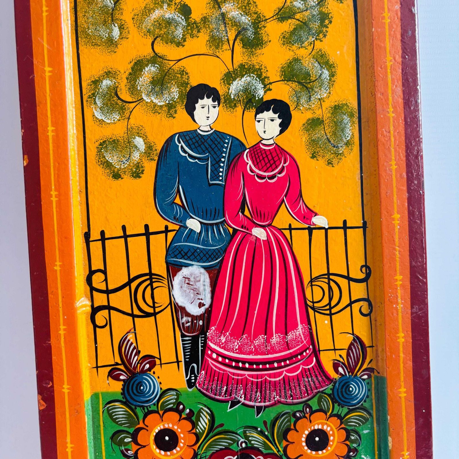 1960s Russian Folk Art Painting, Mid Century Naive Couple, Vibrant Colors photo vinterior