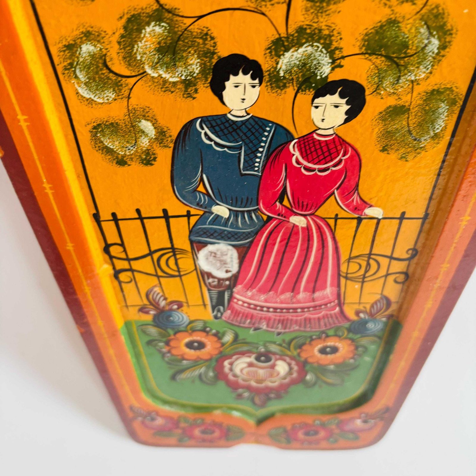 1960s Russian Folk Art Painting, Mid Century Naive Couple, Vibrant Colors photo vintage