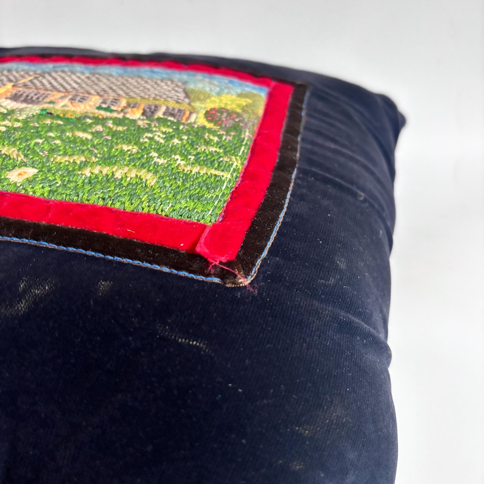 Textiles Handmade Folk Cushion Vintage Victorian 1920s Velvet And Tapestry Cottage Scene photo