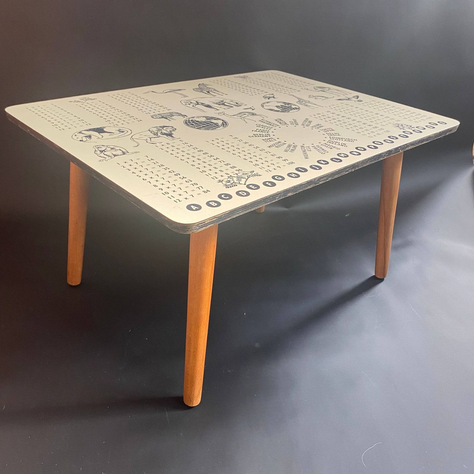 Rare 1960s Mid Century Coffee Table: Animals, Cities, Times Table Graphic photo buy