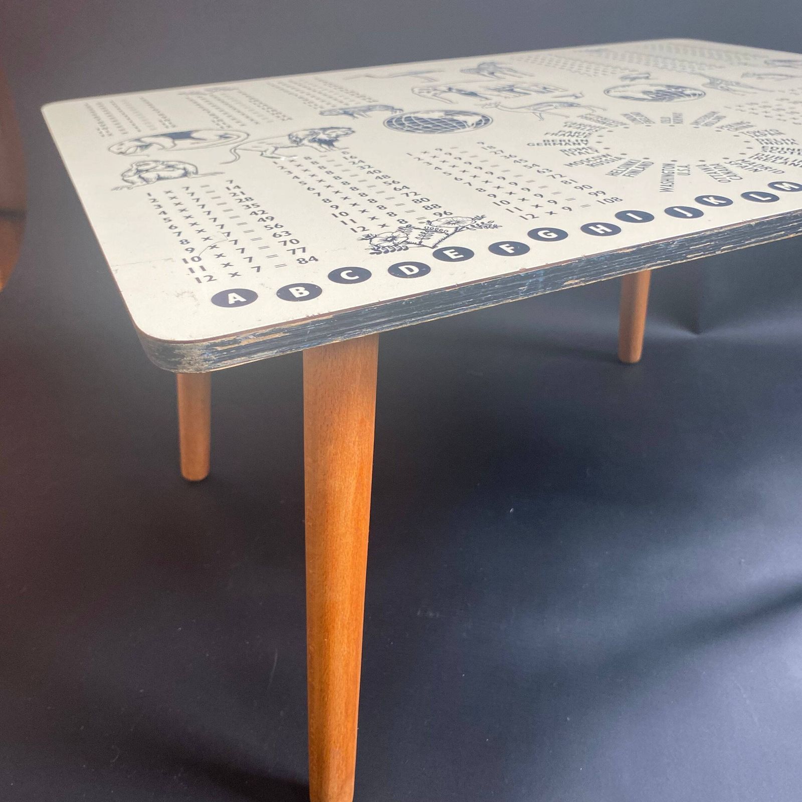 photo furniture Rare 1960s Mid Century Coffee Table: Animals, Cities, Times Table Graphic