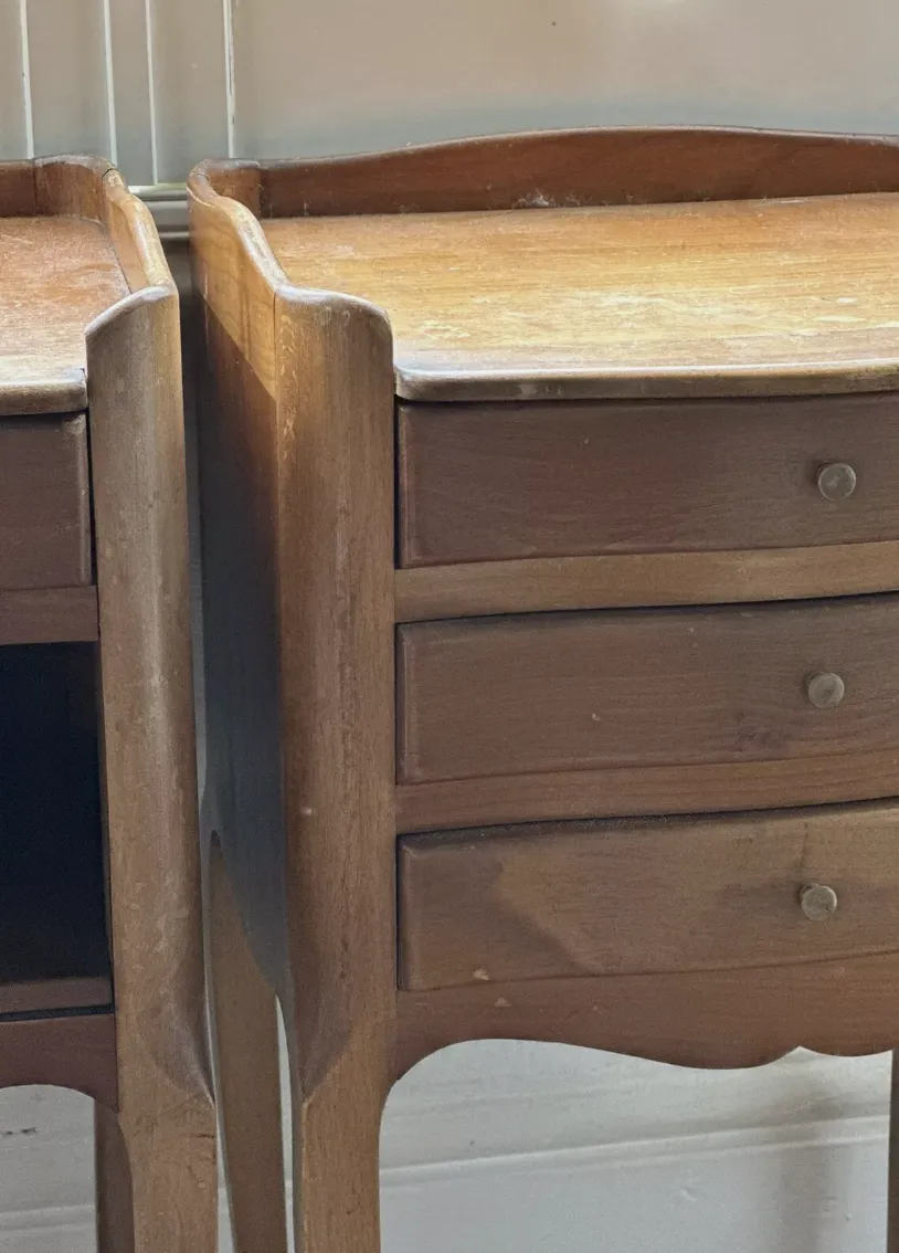 Antique Pair Fruitwood French Serpentine Bedside Tables Nightstands, C 1900 photo for sale