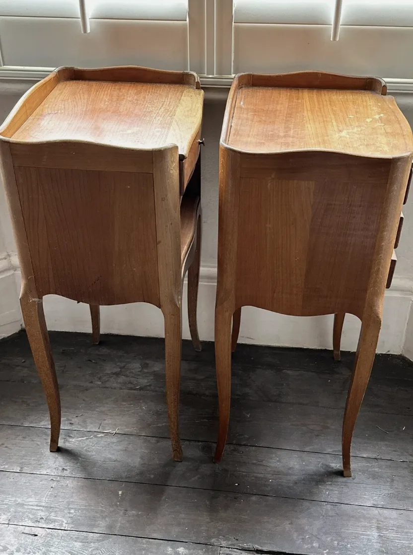 Furniture Antique Pair Fruitwood French Serpentine Bedside Tables Nightstands, C 1900 photo