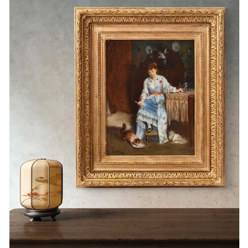 Antique Woman Portrait Painting And Cat, Interior Scene, Oil On Canvas, XIX Century. photo furniture