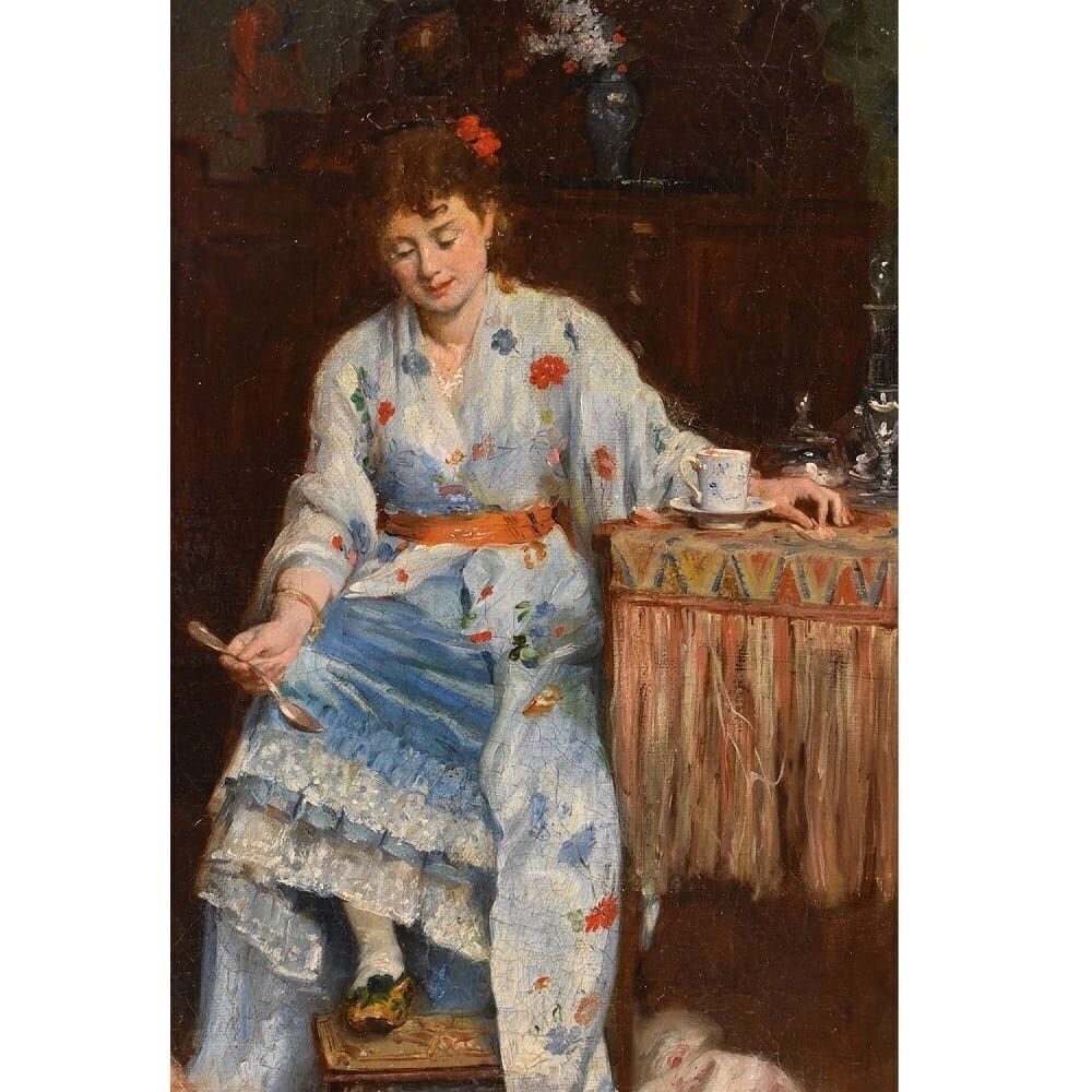 Antique Woman Portrait Painting And Cat, Interior Scene, Oil On Canvas, XIX Century. photo Art