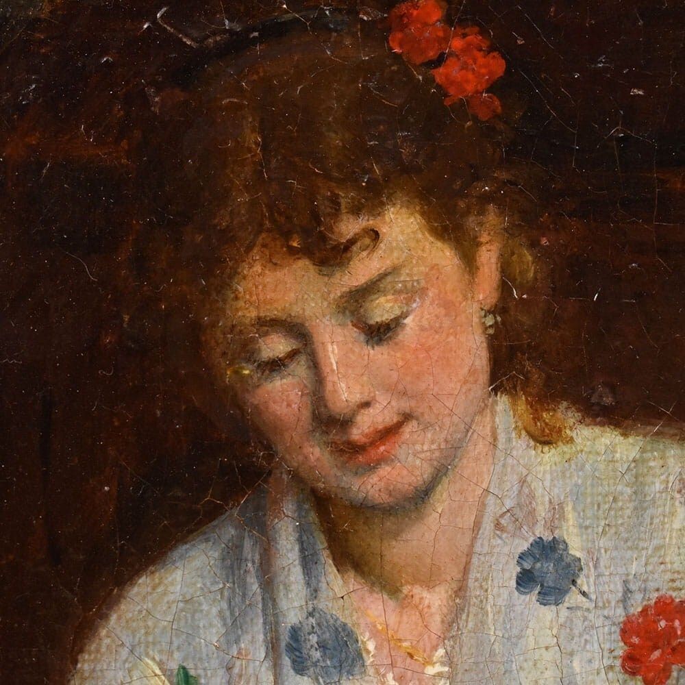 Antique Woman Portrait Painting And Cat, Interior Scene, Oil On Canvas, XIX Century. photo vinterior