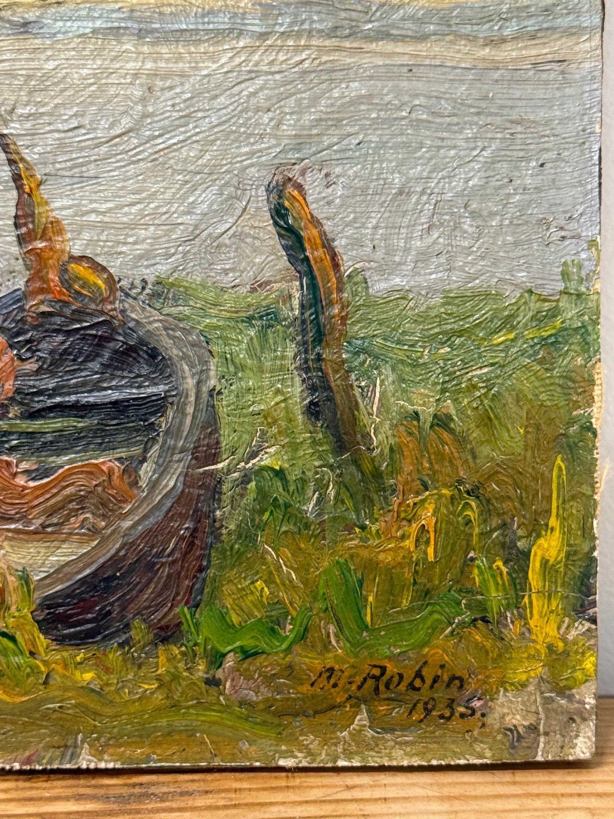 Vintage Boat On Doel Harbour Oil Painting, 1935 photo vinterior