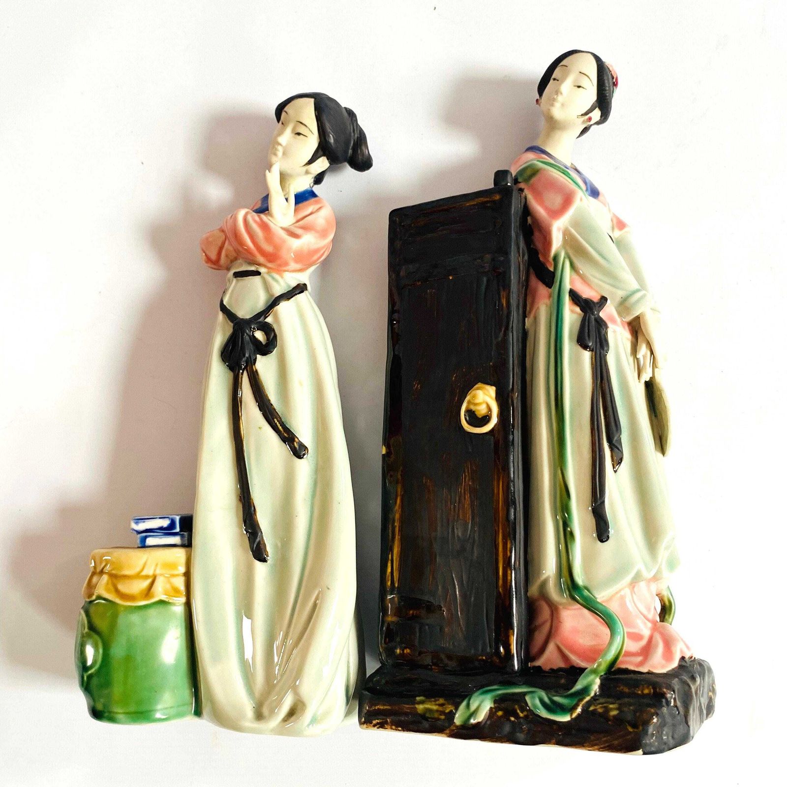 Rare Shiwan Gongzai Figurines: Mid Century Chinese Ceramic Pair/Hairline Repair