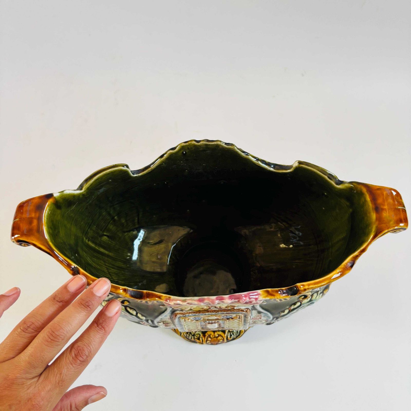 Antique Majolica Jardiniere: European Glazed Earthenware Vase, 19th Century photo buy