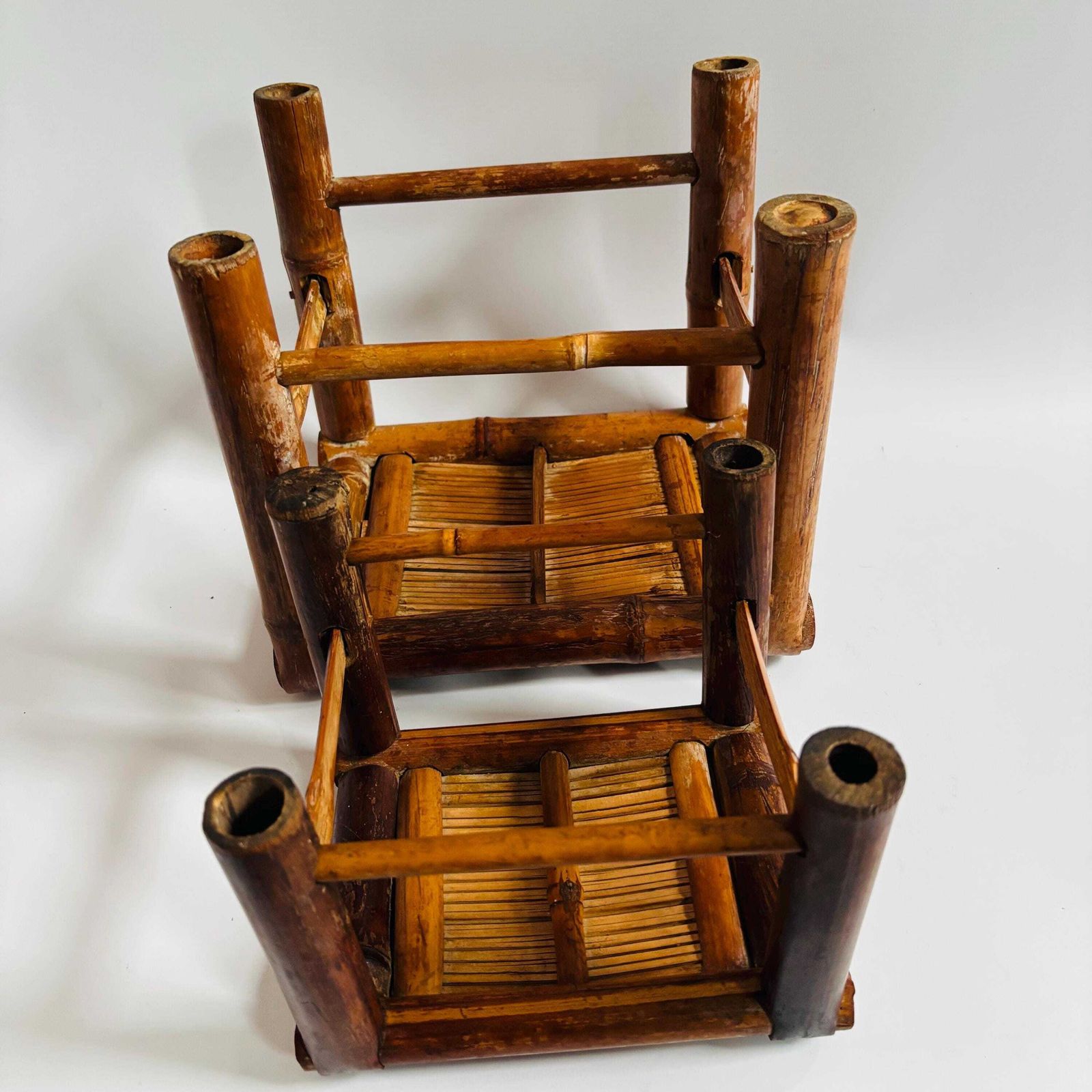 Mid Century Bamboo Plant Stands   Set Of Two, Rattan Display Small Tables photo Home Decor
