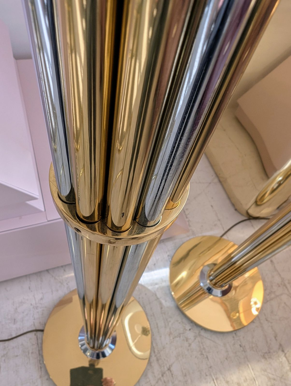 Pair  Of Gorgeous Vintage Gold & Chrome Floor Lamps, By Baulmann, Germany 1980s. Shades Not Included photo for sale