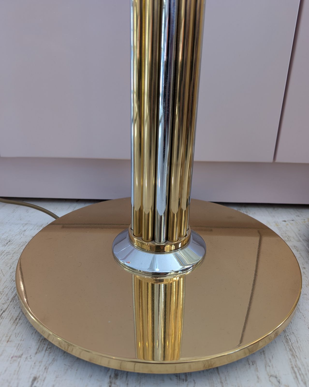 photo vintage Pair  Of Gorgeous Vintage Gold & Chrome Floor Lamps, By Baulmann, Germany 1980s. Shades Not Included