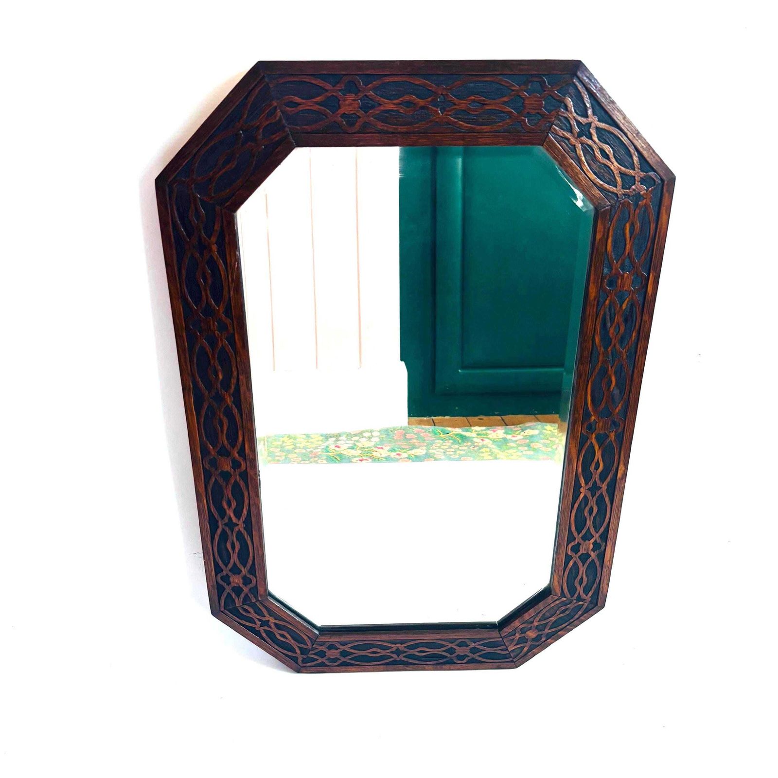 Rare Art Nouveau Mahogany Bevelled Mirror: Hand Carved Liberty Style photo vinterior