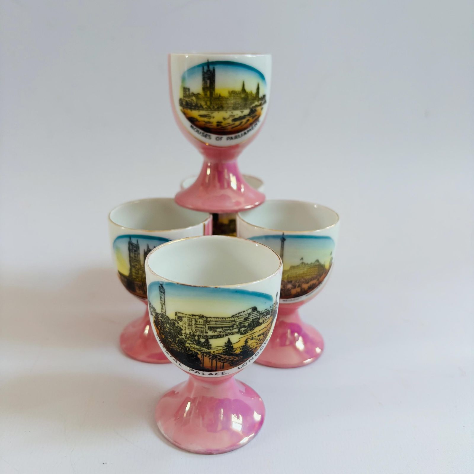 Antique Pink Lustre Porcelain Egg Cups: Victorian London Landmarks, Set Of 5 photo for sale