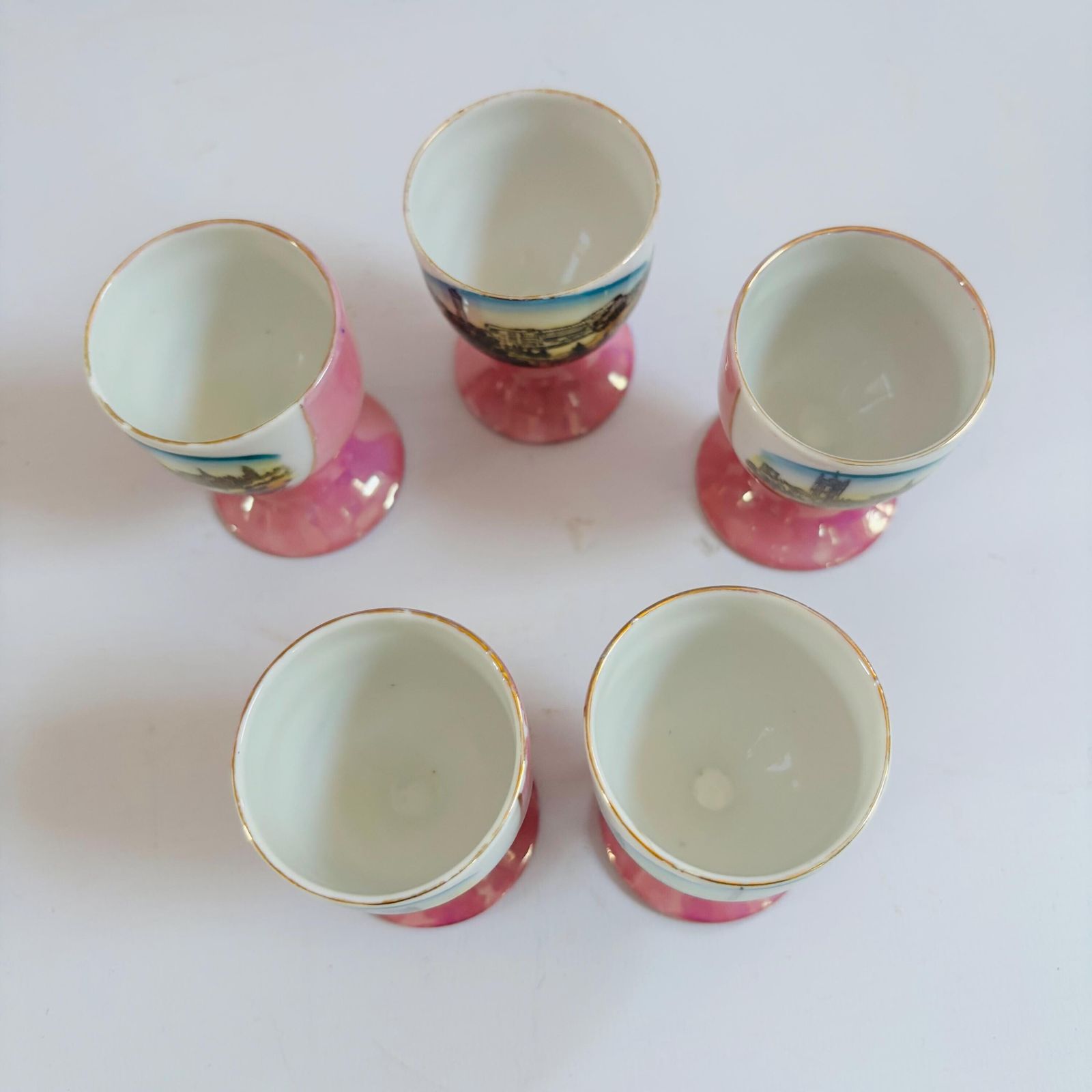 photo furniture Antique Pink Lustre Porcelain Egg Cups: Victorian London Landmarks, Set Of 5