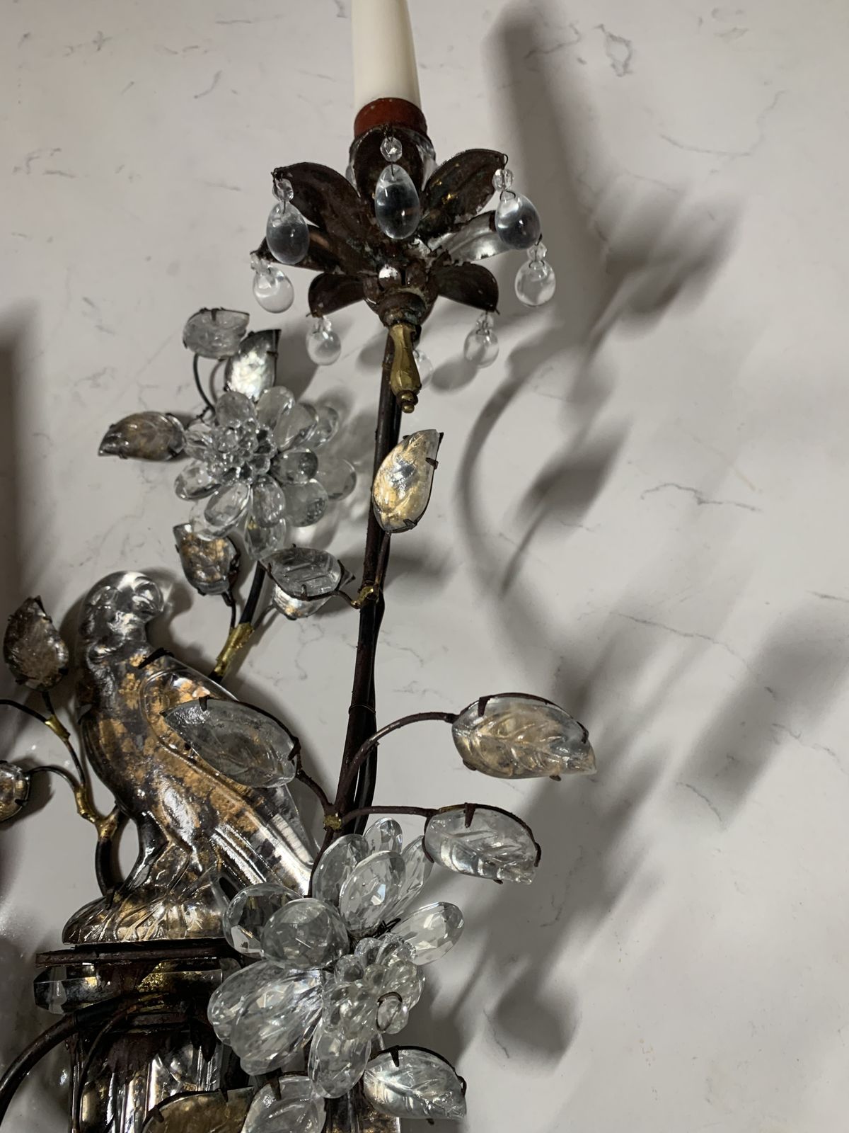 1930's French Gilded Iron   Crystal Bird Sconces In Very Good Condition photo for sale