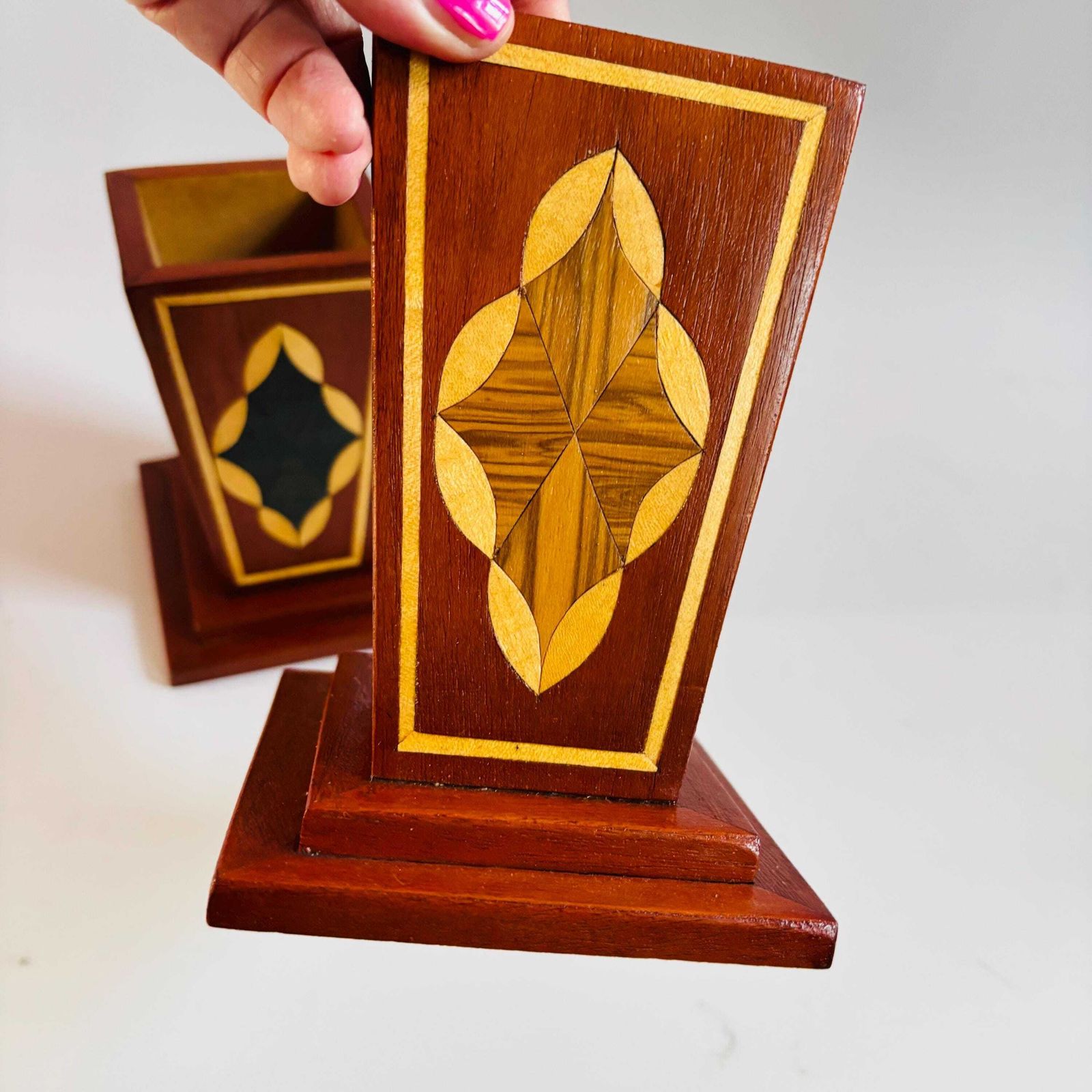 Art Deco Oak Veneer Pots: Handmade Marquetry By David Lyons. photo vintage